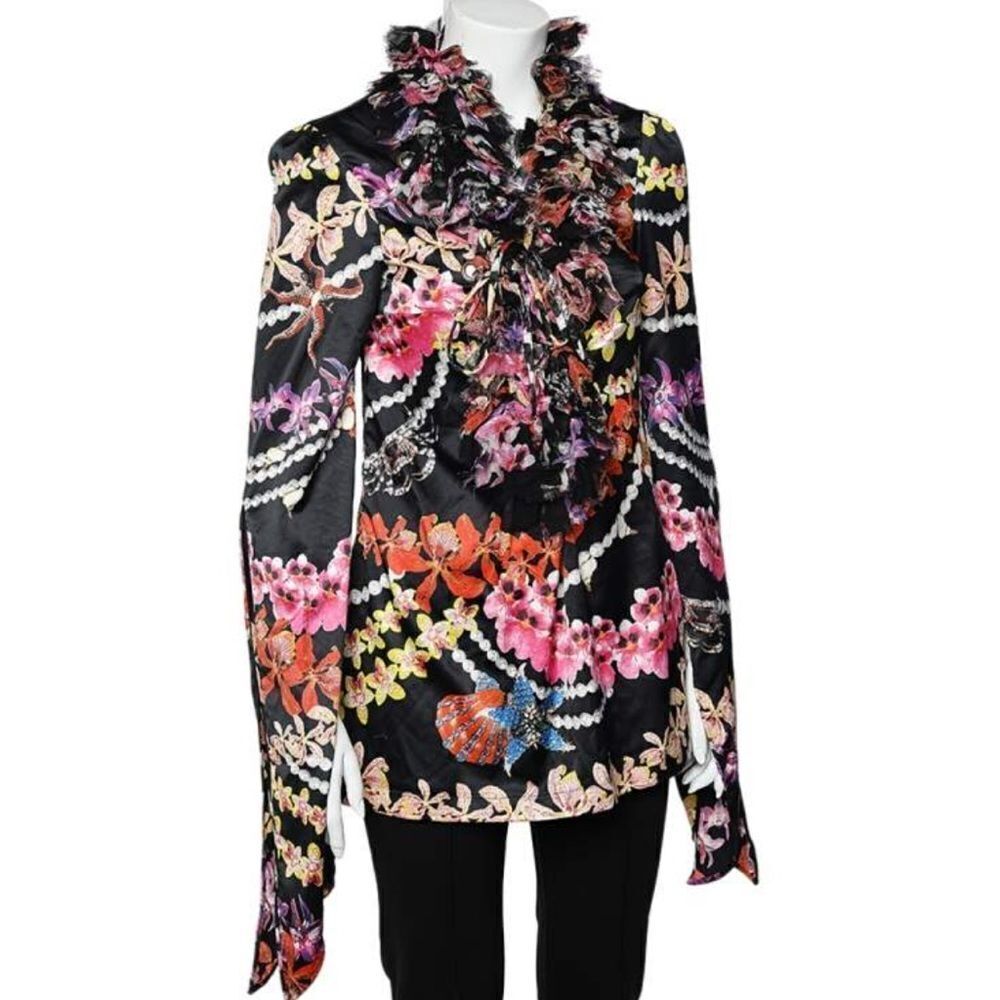 Robert Cavalli Just Cavalli Black Floral Printed Sateen Ruffled Neck Detail Top